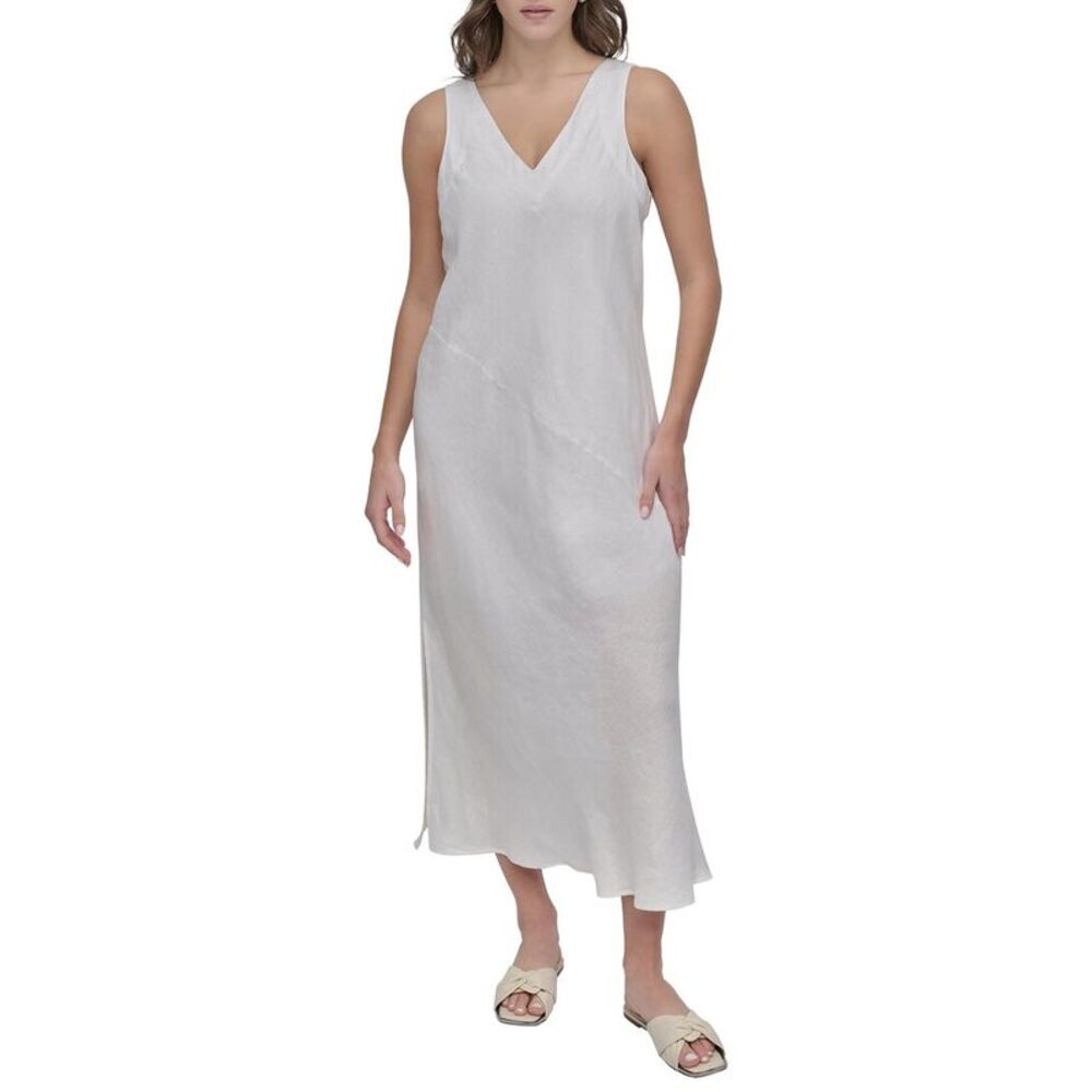 Dkny Womens  V- Neck Linen Midi Dress